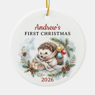 Watercolor Hedgehog Baby First Christmas Custom Ceramic Tree Decoration