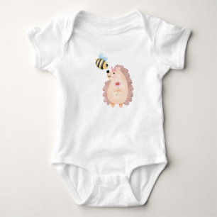 Watercolor hedgehog cartoon playing with a bee in baby bodysuit