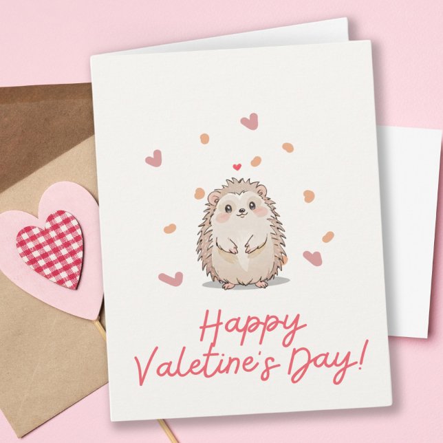 Watercolor Hedgehog & Pink Hearts Valentine's Day Card (Watercolor Hedgehog & Pink Hearts Valentine's Day Card)