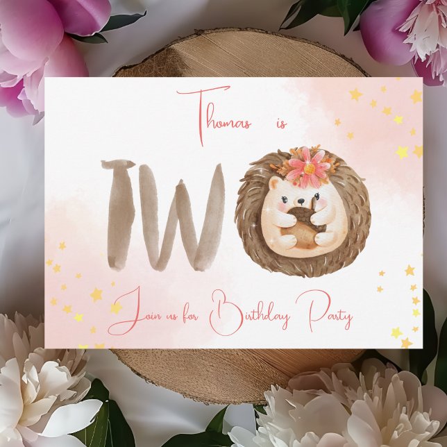 Watercolor hedgehog second 2nd Birthday Invitation (Creator Uploaded)