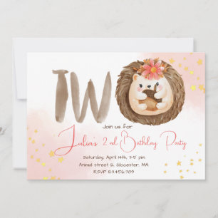 Watercolor hedgehog second Birthday Invitation