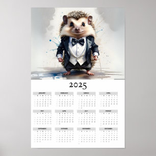 Watercolor Hedgehog Tux Bow Tie 2025 Wall Calendar Poster