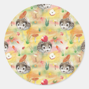 Watercolor hedgehog with mushrooms and apple classic round sticker