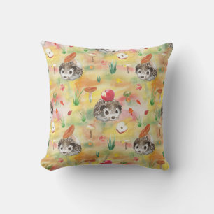 Watercolor hedgehog with mushrooms and apple cushion