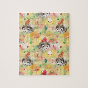 Watercolor hedgehog with mushrooms and apple jigsaw puzzle