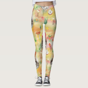 Watercolor hedgehog with mushrooms and apple leggings