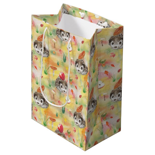 Watercolor hedgehog with mushrooms and apple medium gift bag (Front Angled)