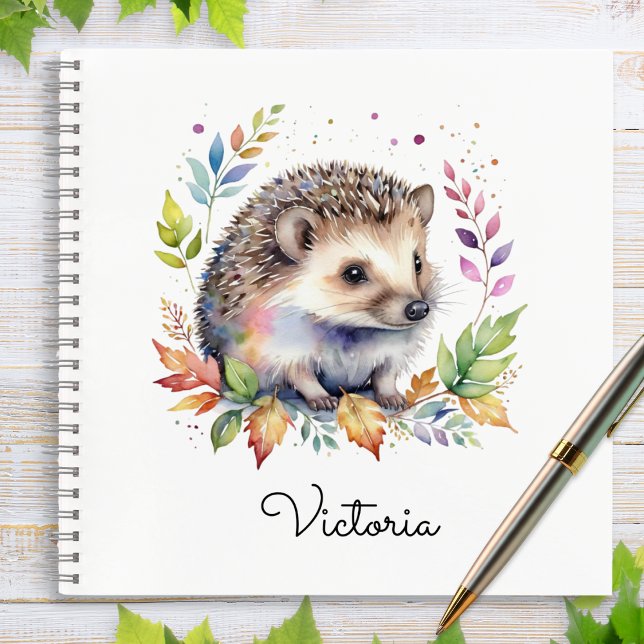 Watercolor Hedgehog Woodland Animal Personalized Notebook (A spiral-bound notebook with cover illustration of a hedgehog and leaves in a watercolor style)
