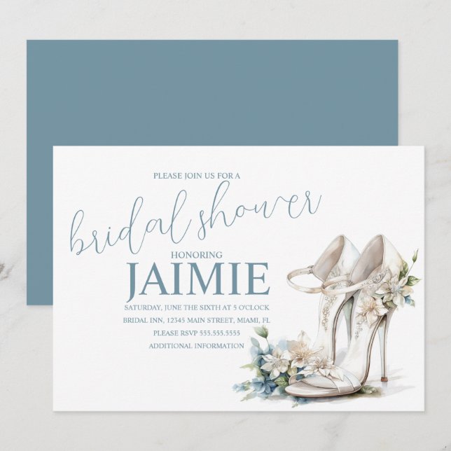 Watercolor Heel Floral Bridal Shower Dusty Blue Invitation (Front/Back)