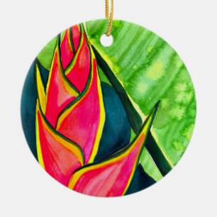 Watercolor heliconia tropical flower ceramic tree decoration