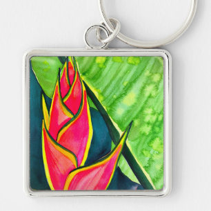 Watercolor heliconia tropical flower key ring