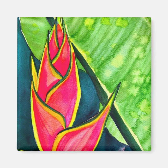 Watercolor heliconia tropical flower magnet (Front)