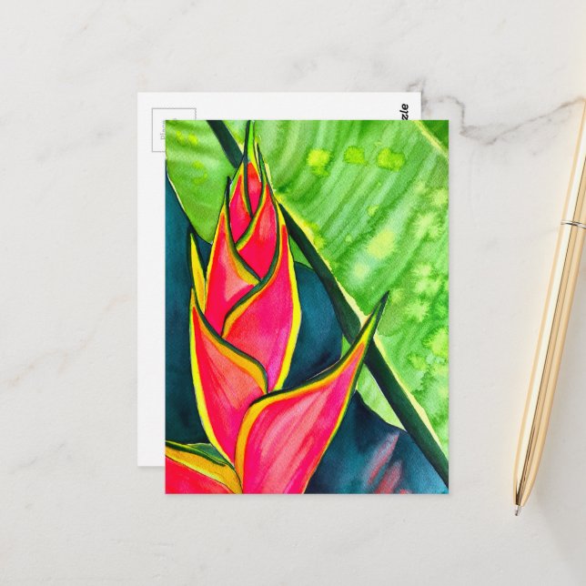Watercolor heliconia tropical flower postcard (Front/Back In Situ)