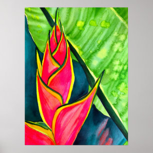 Watercolor heliconia tropical flower poster