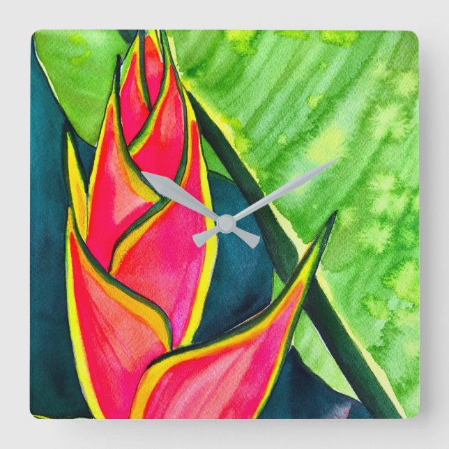 Watercolor heliconia tropical flower square wall clock (Front)
