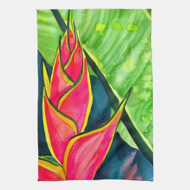 Watercolor heliconia tropical flower tea towel (Vertical)