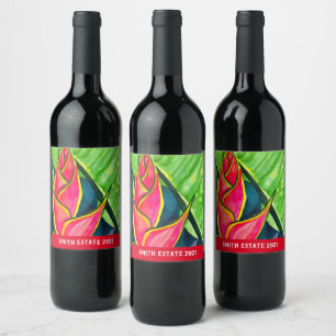 Watercolor heliconia tropical flower wine label