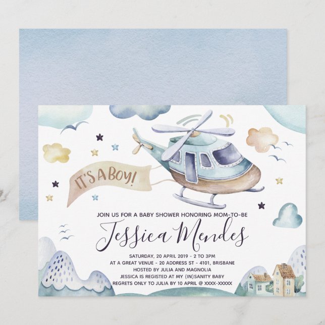 Watercolor Helicopter Baby Boy Shower Invitation (Front/Back)
