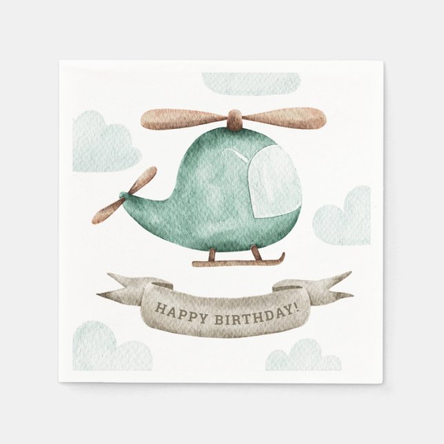 Watercolor Helicopter Birthday | Cute Kids Party Napkin (Front)
