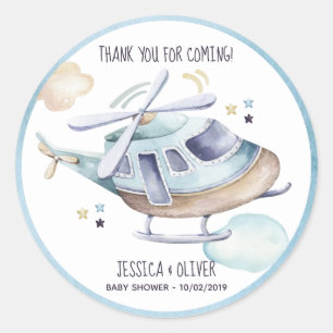 Watercolor Helicopter Party Blue Classic Round Sticker