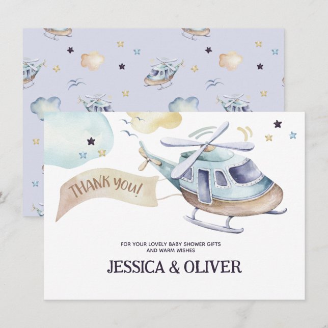 Watercolor Helicopter Party in Blue Thank You Card (Front/Back)