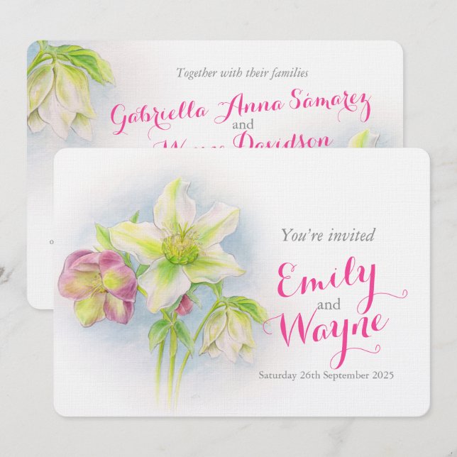 Watercolor Hellebore art wedding invite (Front/Back)