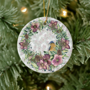 Watercolor Hellebore Floral Wreath With Bird Ceramic Tree Decoration
