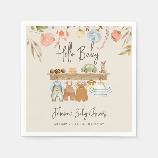 Watercolor Hello Baby Boho Nursery Baby Shower Napkin (Front)