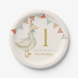 Watercolor Hello Baby Duck. Toys First Birthday Paper Plate