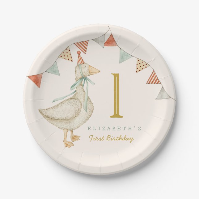 Watercolor Hello Baby Duck. Toys First Birthday Paper Plate (Front)