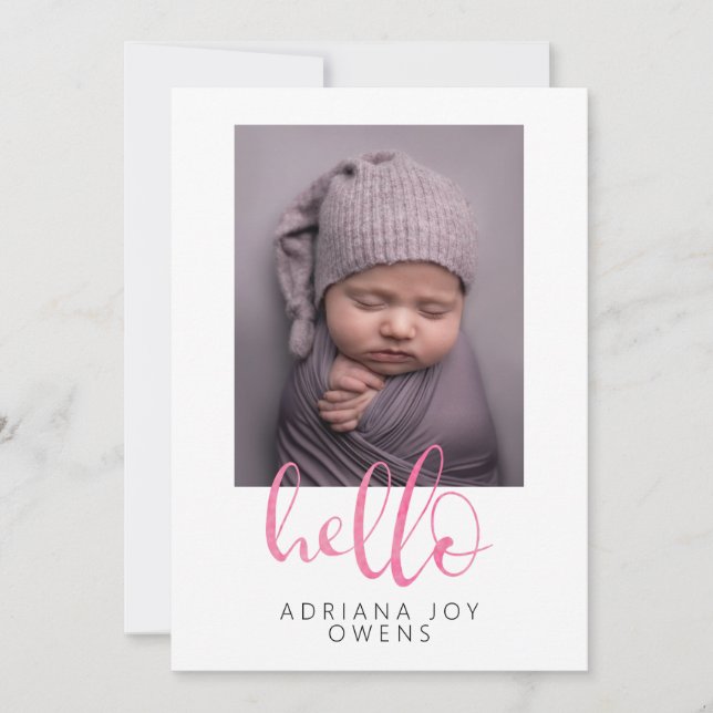 Watercolor Hello Pink Script  Photo Collage Baby  Announcement (Front)