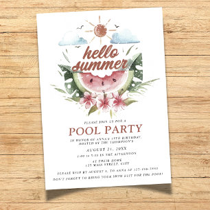 Watercolor Hello Summer Pool Party Invitation