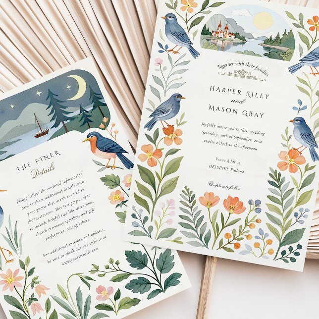 Watercolor Helsinki Nordic Forest Birds Wedding Invitation (Creator Uploaded)