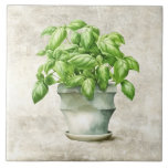 Watercolor Herbs Basil Rustic Faux Texture  Tile<br><div class="desc">Rustic watercolor graphic design of basil in a country pot.  A vintage look.  Perfect for your country French or cottage farmhouse kitchen.</div>