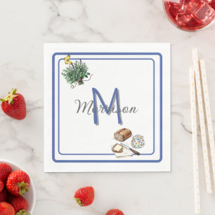 Watercolor Herbs & Bread Farmhouse Blue Custom Napkin