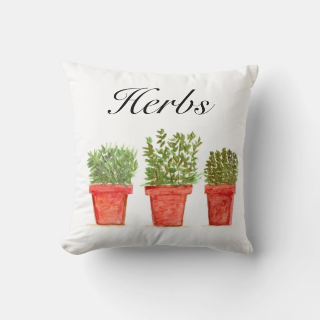 Watercolor Herbs Thyme Rosemary Oregano Plants Pot Cushion (Front)