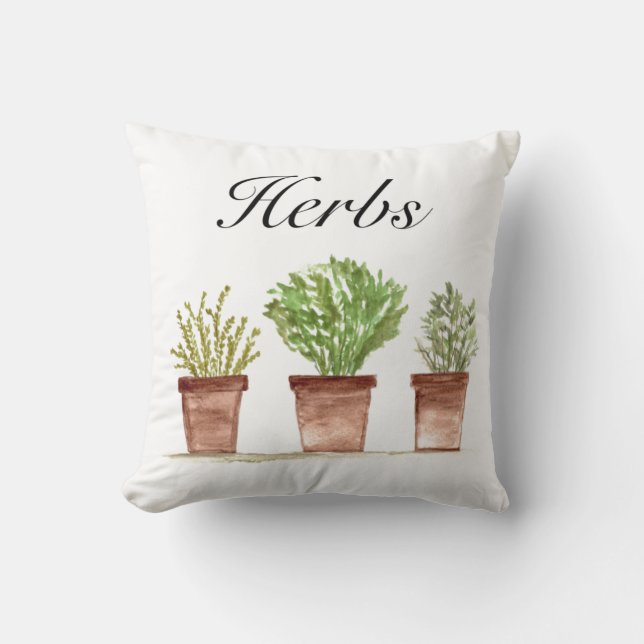 Watercolor Herbs Thyme Rosemary Parsley Plants Pot Cushion (Front)