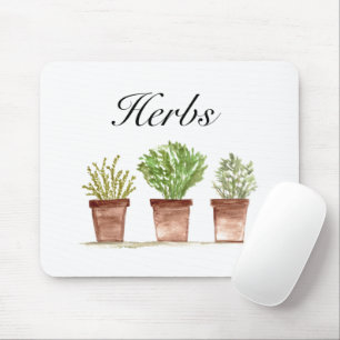 Watercolor Herbs Thyme Rosemary Parsley Plants pot Mouse Mat