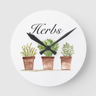 Watercolor Herbs Thyme Rosemary Parsley Plants Pot Round Clock