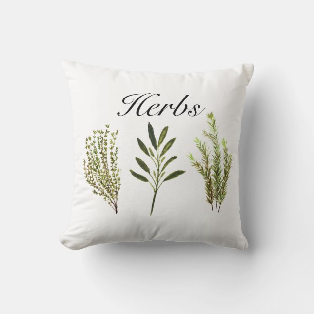 Watercolor Herbs Thyme Rosemary Sage Plants Pot Cushion (Front)
