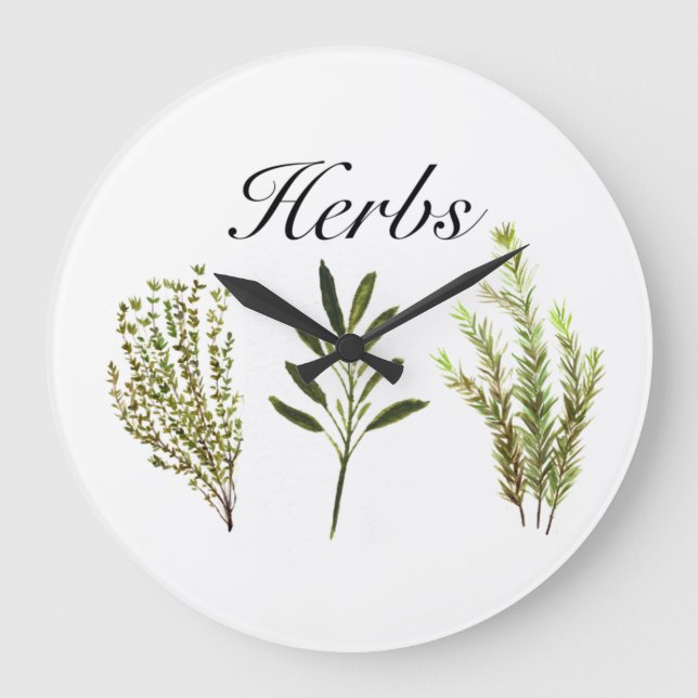 Watercolor Herbs Thyme Rosemary Sage Plants Pot Large Clock (Front)