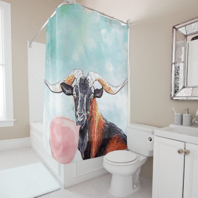 Watercolor Herd Sire Goat Blows Bubblegum Bubble Shower Curtain (In Situ)