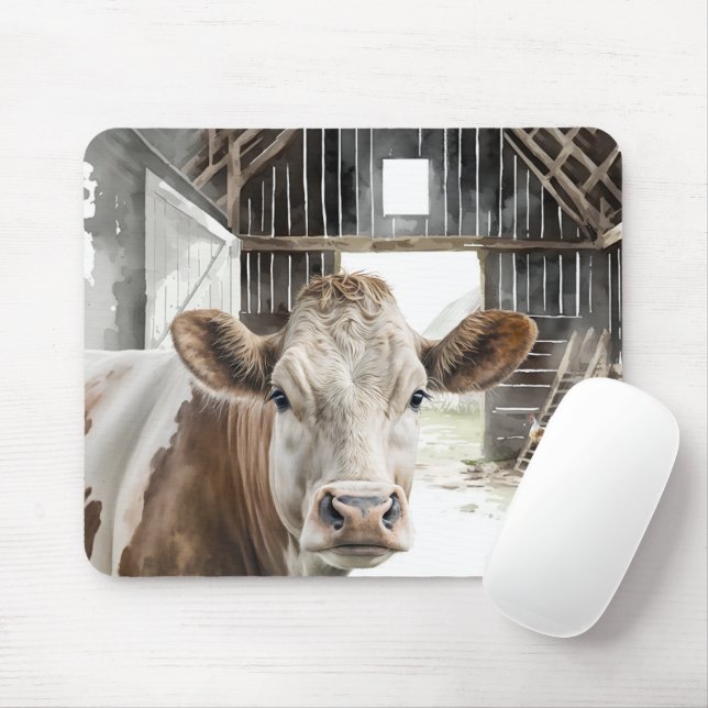 Watercolor Hereford Cow In Barn Mouse Mat (With Mouse)