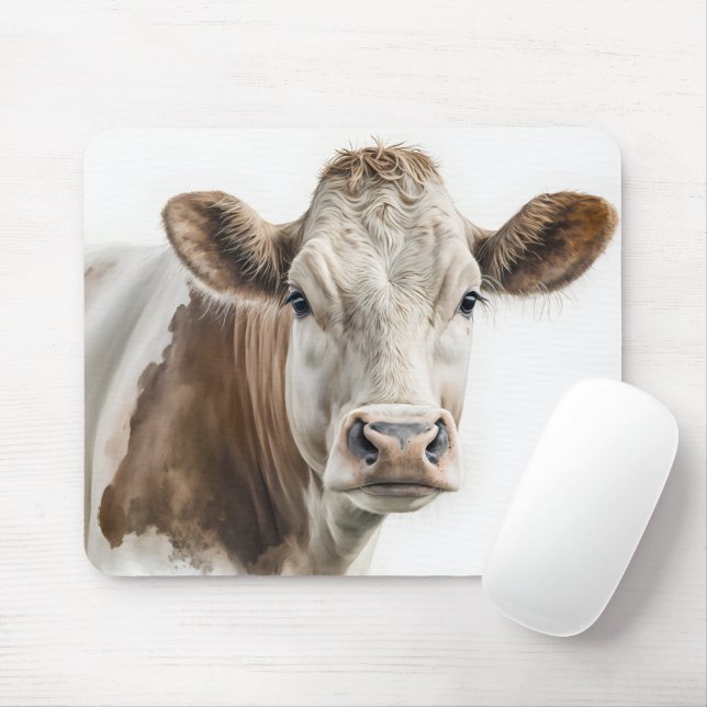 Watercolor Hereford Cow Portrait Mouse Mat (With Mouse)