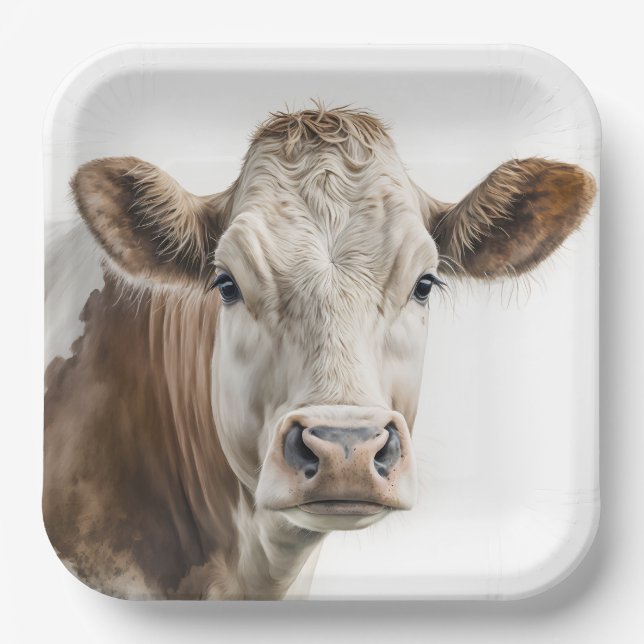 Watercolor Hereford Cow Portrait Paper Plate (Front)