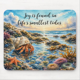 Watercolor Hermit Crab Exploring Tidepool w/ Quote Mouse Mat