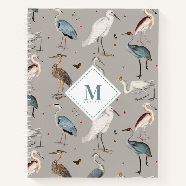 Watercolor Heron Bird Egret Nature Monogrammed Notebook (Front)