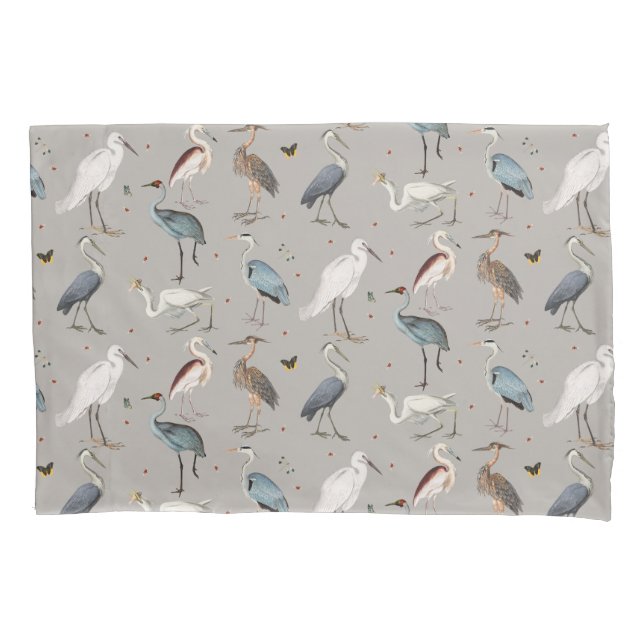 Watercolor Heron Bird Egret Nature Pattern Pillowcase (Front-Left)
