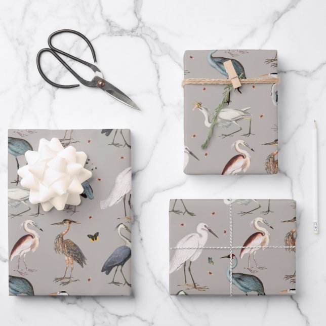 Watercolor Heron Bird Egret Nature Pattern Wrapping Paper Sheet (Front)