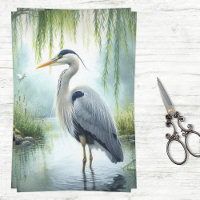 Watercolor Heron Weeping Willows Decoupage
